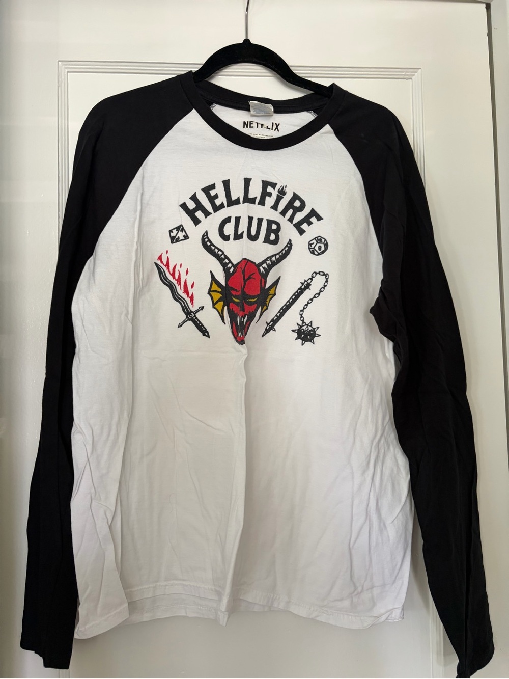 Netflix Hellfire Club Raglan Tee - Black & White with Red Accent